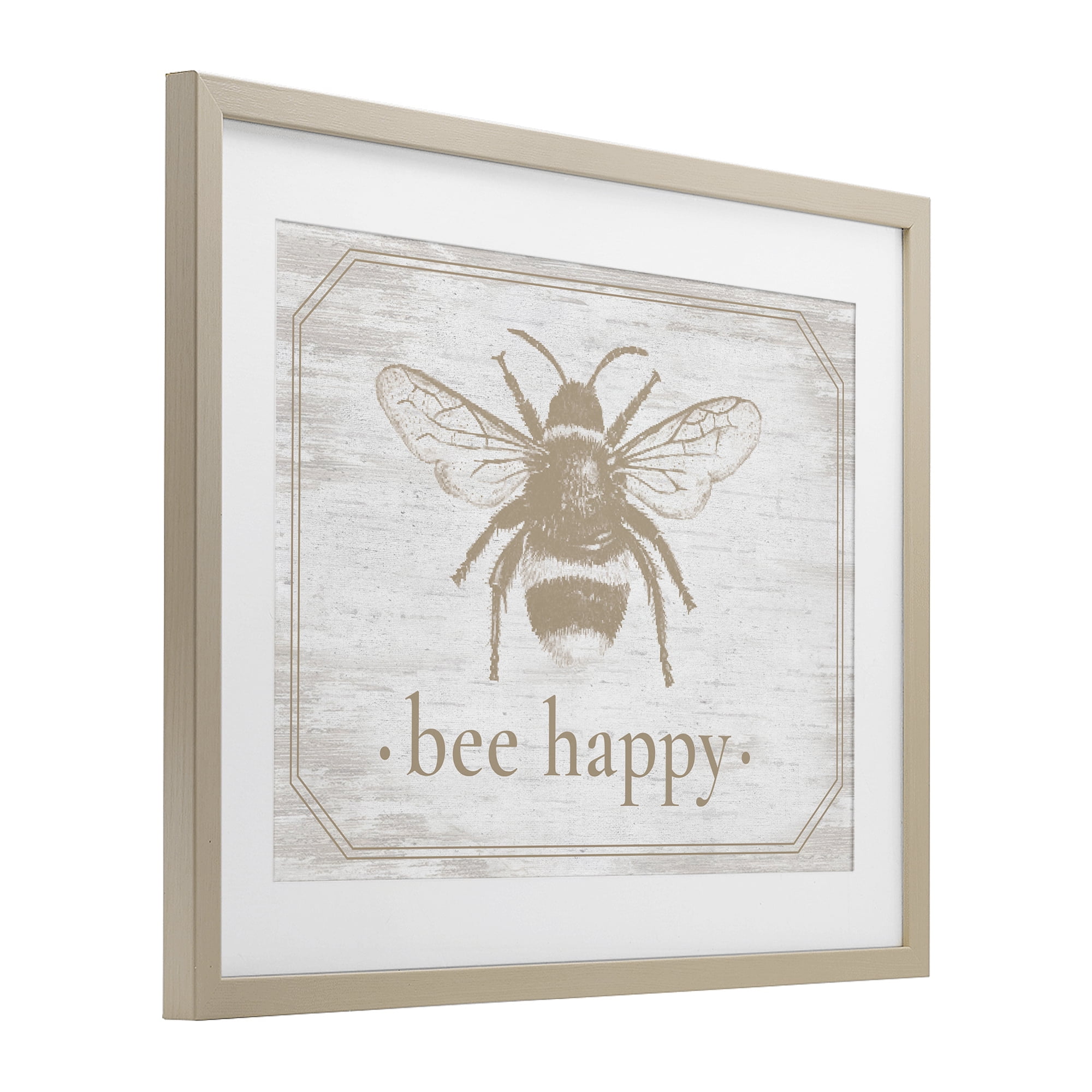 Bee Happy with Rustic Border Birch Framed Print Under Glass, design by Lettered and Lined