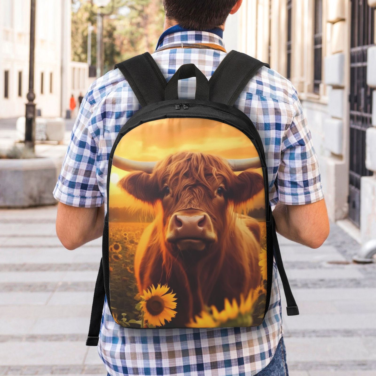 Xecao Vintage Sunflower Cow A print Travel Backpack, Large Computer Backpack for Men Women, College School Rucksack Book Bag