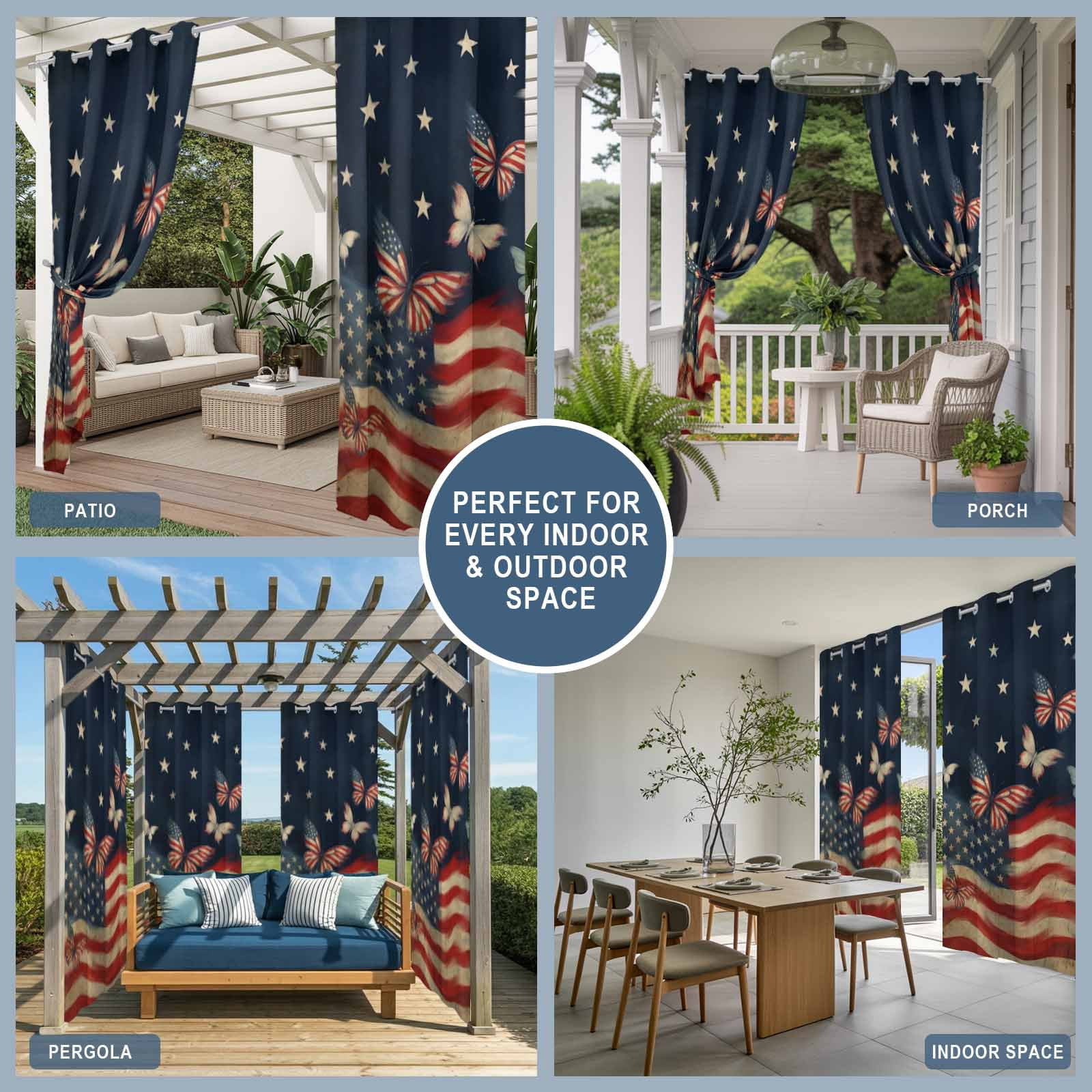 4th of July Outdoor Curtains for Patio, Independence Day Patriotic Butterfly American Flag Sunshade Privacy Drapes Grommet Waterproof Outside Curtains for Porch/Cabana/Balcony 54"x 108", 1 Panel