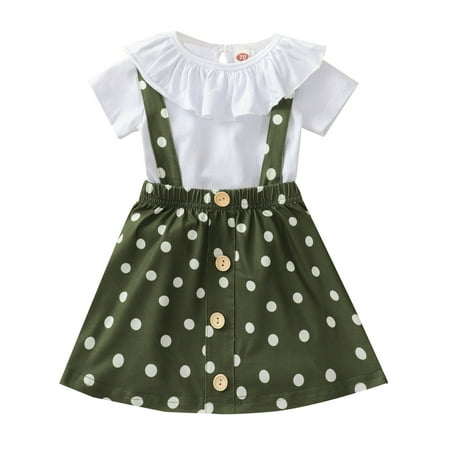 

Xingqing Kids Baby Girls Two Pieces Clothes Outfits Ruffle T-Shirt Dot Printed Strap Skirt Summer Clothing Green 18-24 Months