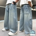 thumbnail image 2 of Boys Baggy Jeans Kids Casual Wide Leg Elastic Waist Loose Fit Denim Pants with Pockets Breathable Summer Trousers For Teen 8-9 Years, 2 of 5