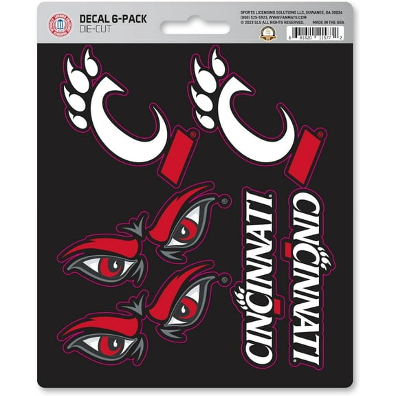 University of Cincinnati Bearcats 6-Piece Decal Sticker Set, 5x6 Inch Sheet, Gift for football fans for any hard surfaces around home, automotive, personal items