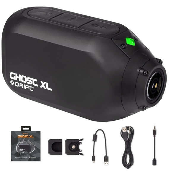 Drift Ghost XL Action Camera, 1080P FHD 30FPS Video, 300 Degree Rotating Lens, 9 Hour Battery Life, IPX7 Waterproof Motorcycle Camera, Support External Mic and Accessories Kit