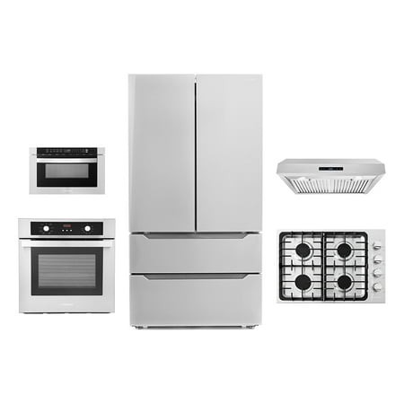 5 Piece Kitchen Package With 36  Gas Cooktop 30  Under Cabinet Range Hood 24  Single Electric Wall Oven 24  Built-In Microwave Drawer & French Door Refrigerator