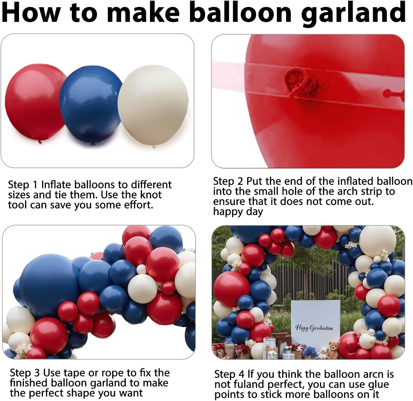Red White Blue Balloons Arch Kit, Double Stuffed Dark Ruby Red Navy Blue Ivory White Balloons Garland for Patriotic Baseball Graduation Nautical Birthday Party Independence Day Decoration