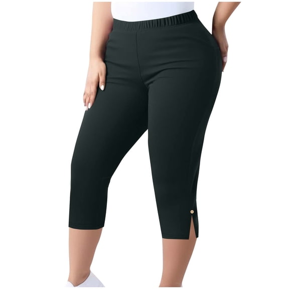 Wovilon Women's Plus Size Stretch Capri Pants, Button Slit Hem Detail Elastic Waistband, Slim Fitted Casual Workout Bottoms for Gym and Summer Daily Wear