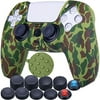 9CDeer 1 Piece of Silicone Transfer Print Protective Cover Skin + 10 Thumb Grips for Playstation 5 / PS5 / Dualsense Controller Dark Green