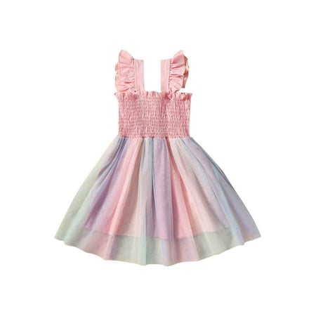 

Toddler Kids Girls Dress Ruched Fly Sleeve Gradient Layered Mesh Tulle Dress Summer Casual Princess Dress