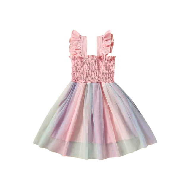 Kmbangi Robe Superposée Dégradée pour Tout-Petits Filles, Robe en Maille Tulle Froncée à Manches Volantées, Robe d'Été Décontractée de Princesse 1-6T