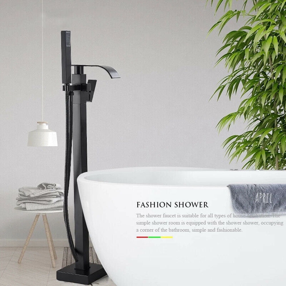 Matte Black Floor Mounted Bathtub Faucet Free Standing Tub Filler W/Hand Sprayer