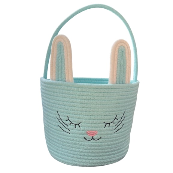 Easter Bunny Basket, Cotton Rope Woven Kids Easter Egg Basket with Ears, Handmade Rabbit Shape Storage Basket for Living Room Keys Remote | Light Green