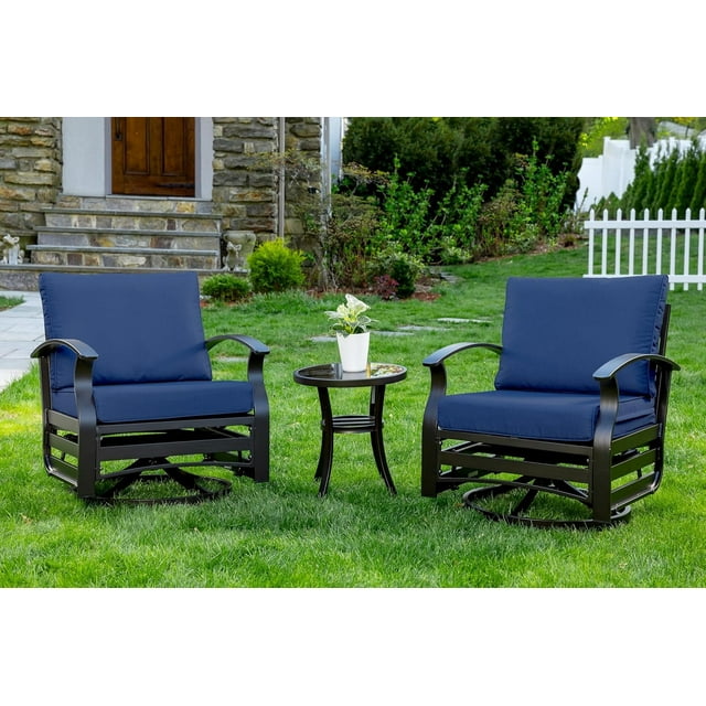 Kullavik 3 Piece Patio Outdoor Aluminum Metal Swivel Rocking Chair with Coffee Table and 5.1 Inch Cushion Outdoor Metal Swivel Rocking Chair Furniture Conversation Set for Porch Garden - Navy