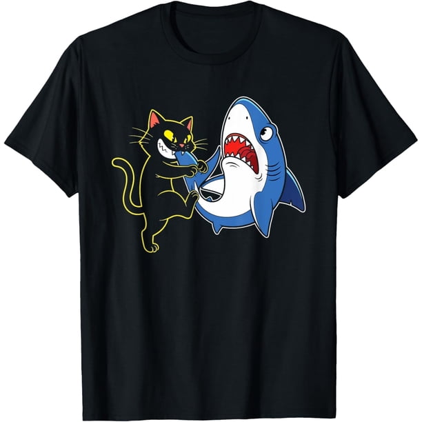 Cat Biting Shark Meme Divertida Camiseta