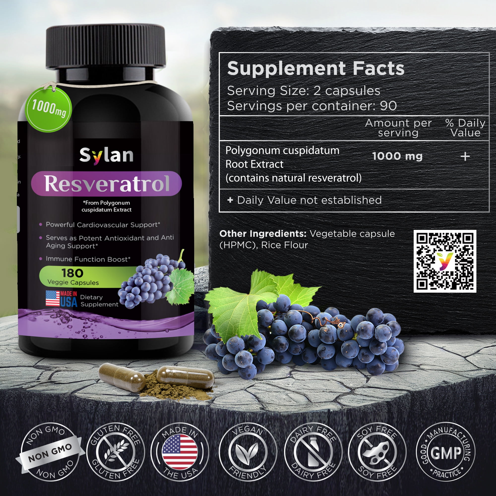 Sylan Trans Resveratrol Supplement 1000mg Polyphenols Supplement 180 Capsules Veggie Non-GMO Made in USA