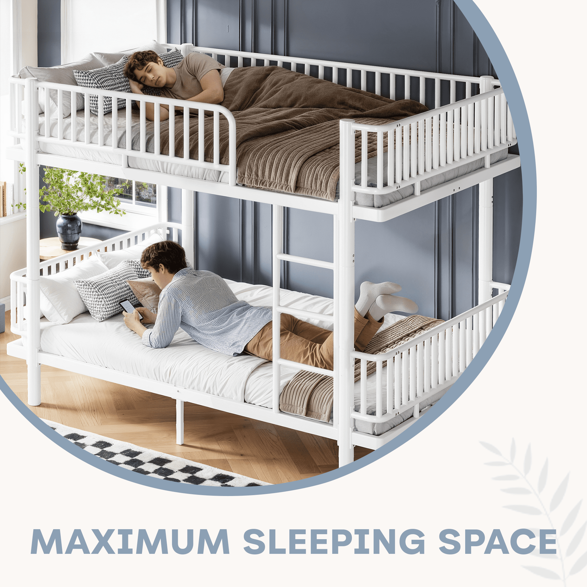 Leumius Queen over Queen Bunk Bed Frame with Ladders & Guardrails, Metal Bunk Bed Frame with Upgraded Safety Round-Pipe Design, Can Transformed into 2 Platform Bed for Teens Adults White