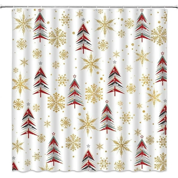 Rideau de Douche Joyeux Noël Arbre de Noël Coloré Flocon de Neige Abstrait Motif de Dessin Animé pour Enfants Décoration de Salle de Bain Rideau en Tissu avec Crochets, Rouge Jaune Blanc