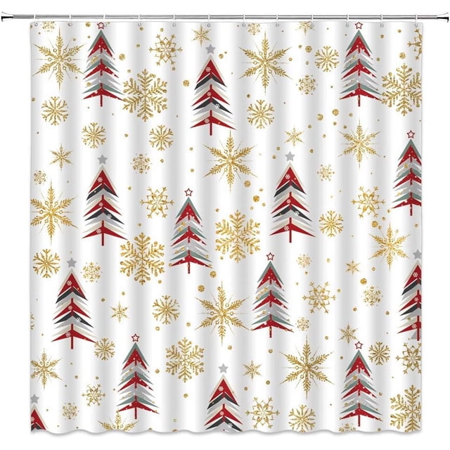 Merry Xmas Shower Curtain Colorful Xmas Tree Snowflake Creative Abstract Tree Winter Holiday Cartoon Pattern for Kids Home Bath Decor Fabric Curtain with 12 Hooks, 70x70 Inch, Red Yellow White