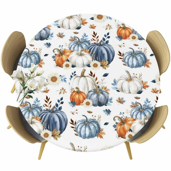 Fall Pumpkin Fitted Tablecloth with Elastic Edged, Round Table Cloth for Dining Table, Thanksgiving Autumn Daisy Farmhouse Leaves Waterproof Oil Proof Table Cover for Indoor Outdoor 55"-60"