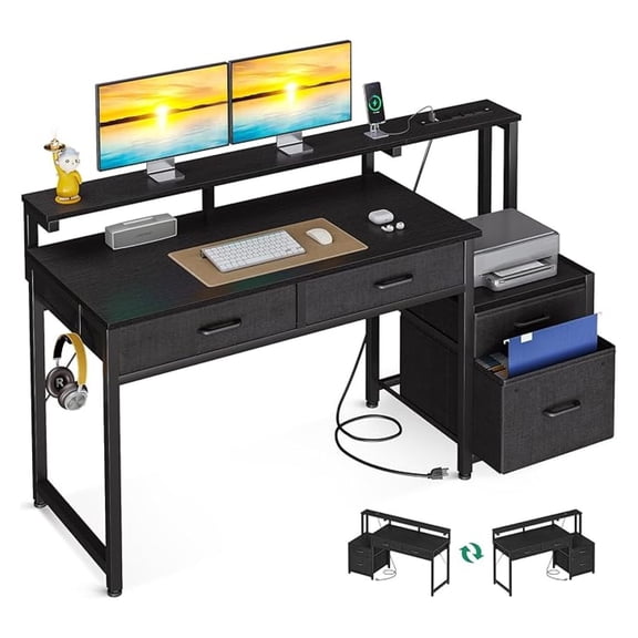 Computer Desk with 4 Drawers, Inch Office Desk with Printer Shelf & Built-in Power Outlet, Work Desk with Monitor Shelf for Home Small Spaces, Black
