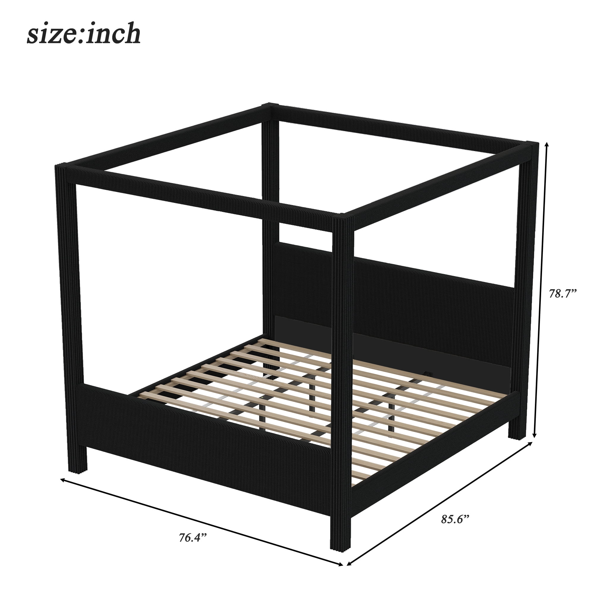 Euroco Upholstery King Size Canopy Platform Bed, No Box Spring Needed, Black