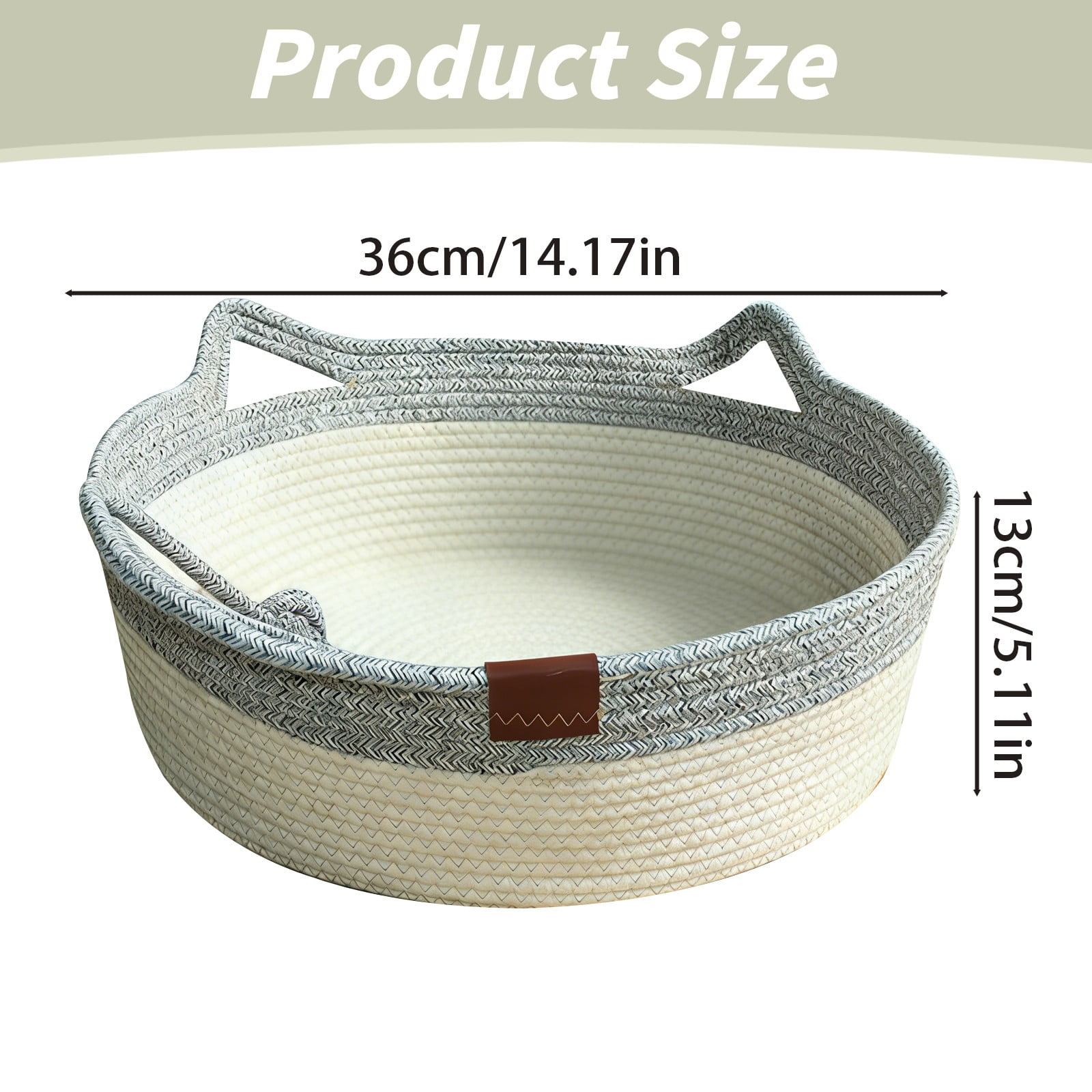 Woven Cat Bed, Woven Rope Cat Bed with Cat Ears, All Season Breathable Pet Bed for Cats Small Dogs, Washable Round Basket Style Cat House, Grey