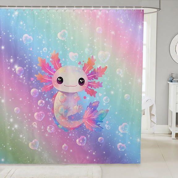 Manfei Kawaii Axolotl Shower Curtain 72Wx72L,Dreamy Rainbow Gradient Bathroom Curtain