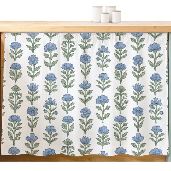 Blue Floral Cabinet Curtains 28"W x 35"L, Country Watercolor Pastoral Classic Flowers Green Leaf Under-Desk Privacy Dust Proof Drape Dishwasher Curtain Sink Skirt for Kitchen Closet Bathroom Laundry