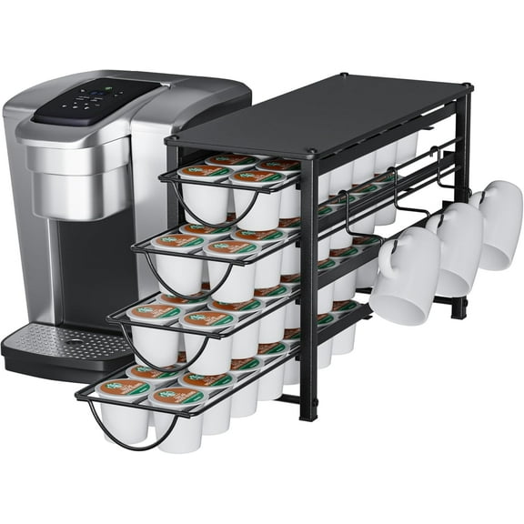 HFHOME Coffee Pod Organizer for Countertop, 4-Tier Metal Storage Drawer, Holds 56 Capsules, Coffee Station Holder for Kitchen, Office, or Home, 3 cup rack, Black