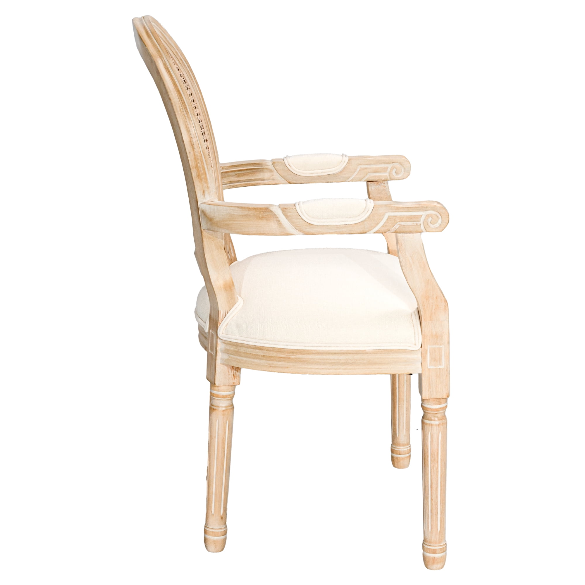 French Vintage Upholstered Dining Armchair Set of 2 with Rattan Mesh Backrest, Fabric Accent Chairs with Rubberwood Frame for Dining Room, Beige
