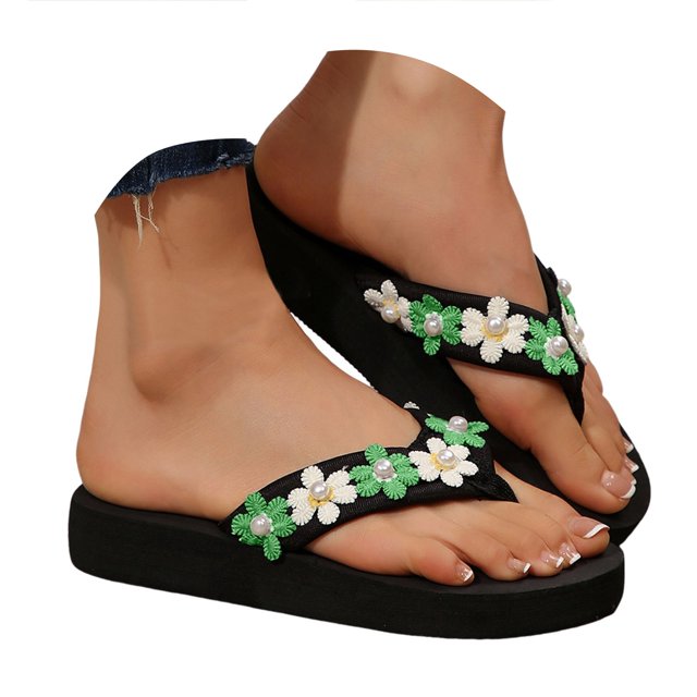 Dakaela Sandales de Plage pour Femmes à Semelle Compensée Plateforme Sandales à entre-Doigts Mariage Nuptiale Fleur Chaussures d'Été Vert 6.5