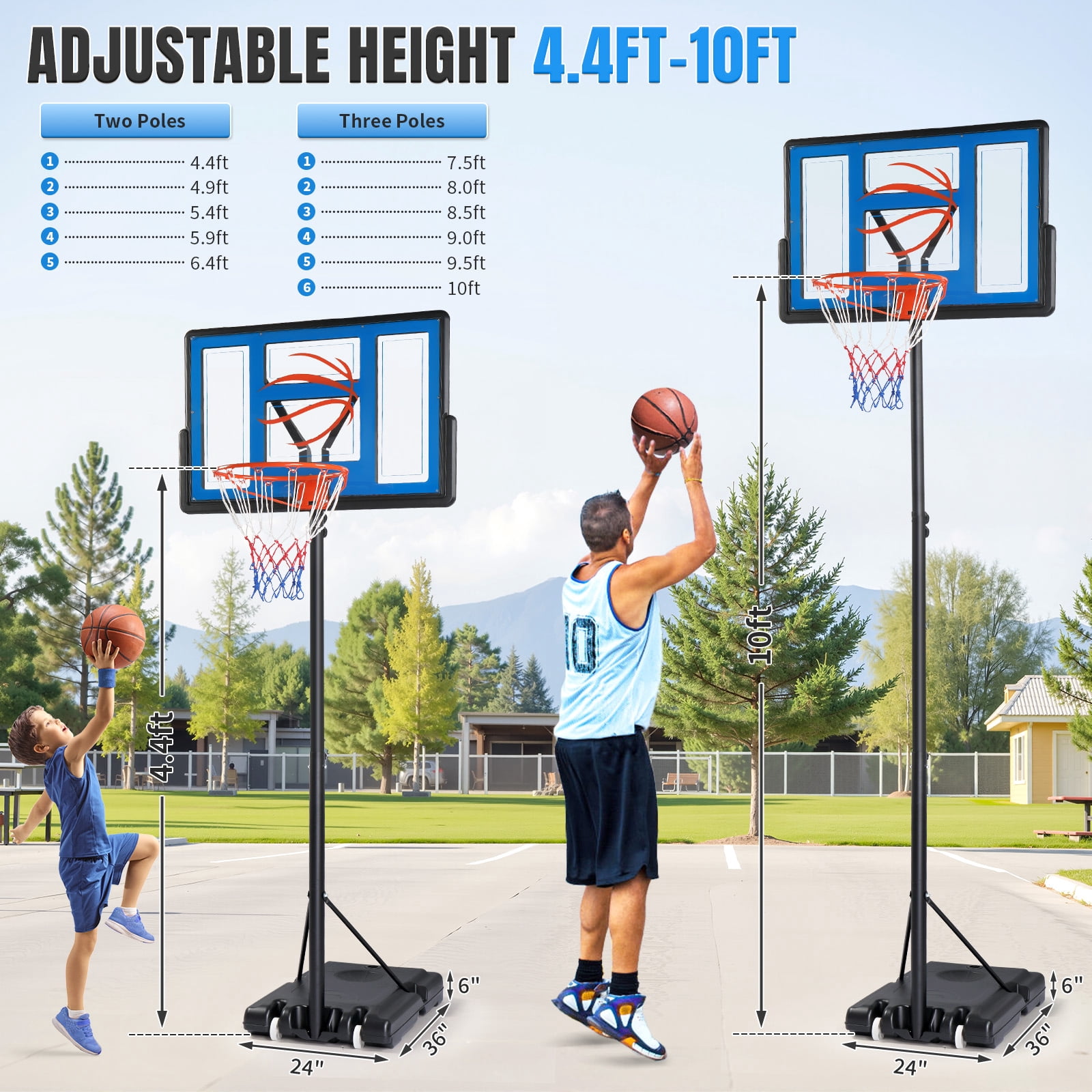 Ktaxon 44" Portable Basketball Hoop Outdoor, 4.4-10ft Height Adjustable, Shatterproof Backboard, Blue