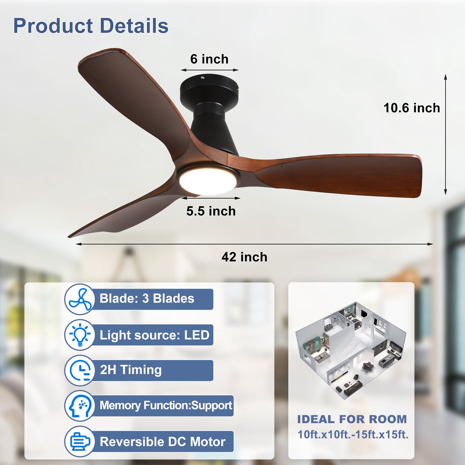 DingLiLighting 42-Inch Ceiling Fan with Lights: Walnut Flush Mount Ceiling Fan with Remote APP Control - Low Profile 3-Blade Fans for Indoor Outdoor 24W 3CCT Dimmable Timer DC Motor