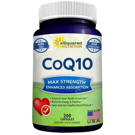 aSquared Nutrition CoQ10 (400mg Max Strength, 200 Capsules) - High Absorption Coenzyme Q10 Ubiquinone Supplement Pills, Pure CO Q-10 Enzyme Vitamin, COQ 10 for Healthy Blood Pressure &