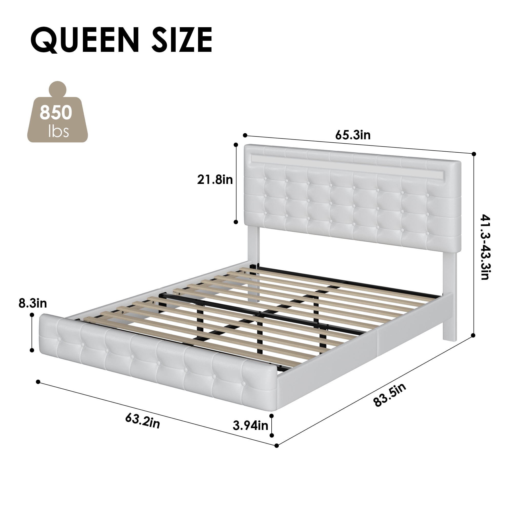 Homfa Queen Floating Bed with Lights, LED Platform Bed Frame with Under Bed Storage, PU Leather Adjustable Tufted Upholstered Bed, White