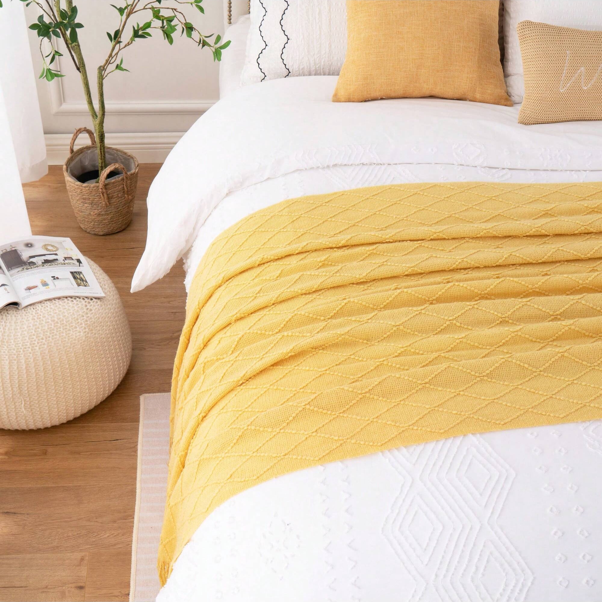 Battilo Mustard Throw Blanket for Couch,Gold Yellow Knit Throw with Fringe,Outdoor Throw ,50"x60"