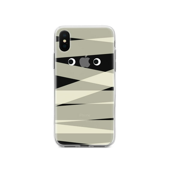 DistinctInk Clear Shockproof Hybrid Case for iPhone XR (6.1" Screen) - TPU Bumper, Acrylic Back, Tempered Glass Screen Protector - Halloween Mummy