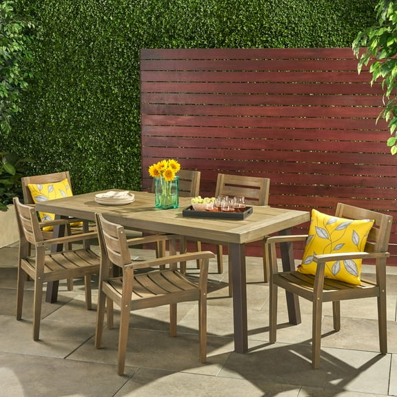 Mamie Outdoor Acacia Wood 6 Seater Patio Dining Set, Gray and Rustic Metal