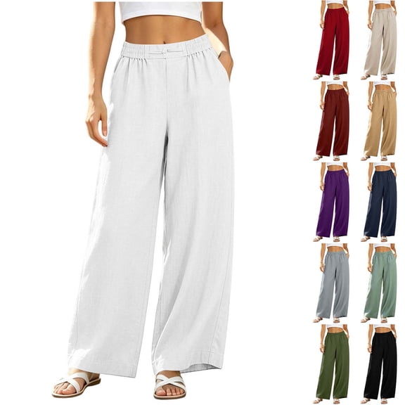 Xaqiouau Cotton Linen Pants Women Wide Leg Palazzo Pants Beach Vacation Outfits Summer 2026 Flowy Clothes Trousers with Pockets