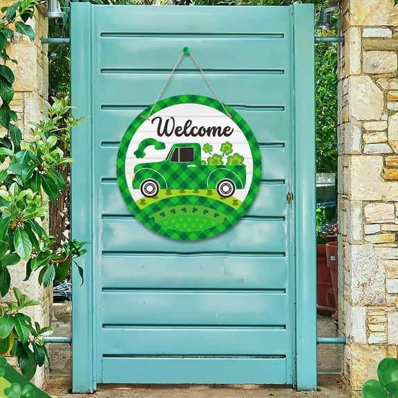 Holloyiver St Patricks Day Decorations Sign Decor, Green Shamrock Truck Welcome Sign for Front Door St. Patrick's Day Front Door Decor Hanging Wood Door Sign Home Decorations