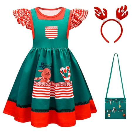 

Toddler Girl Christmas Outfit Toddler Kids Cute Cartoon Prints Party Princess Dress Hairband Bag Outfits(Size:6-7 Years)