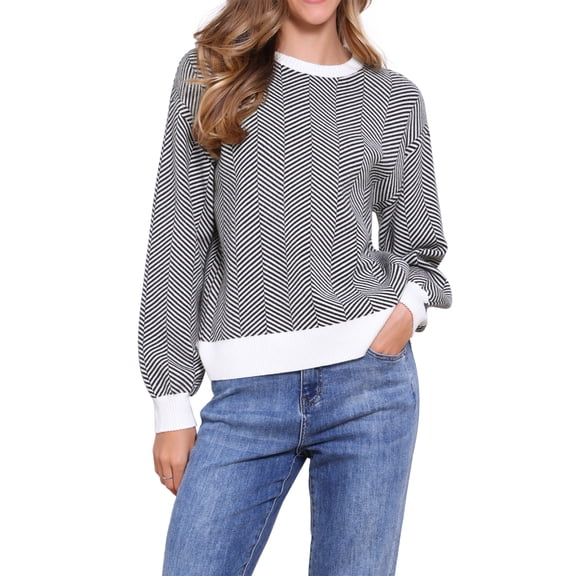 INSPIRE CHIC Striped Sweater for Women's Crew Neck Contrast Long Bishop Sleeve Oversized Pullover Tops XS Black White
