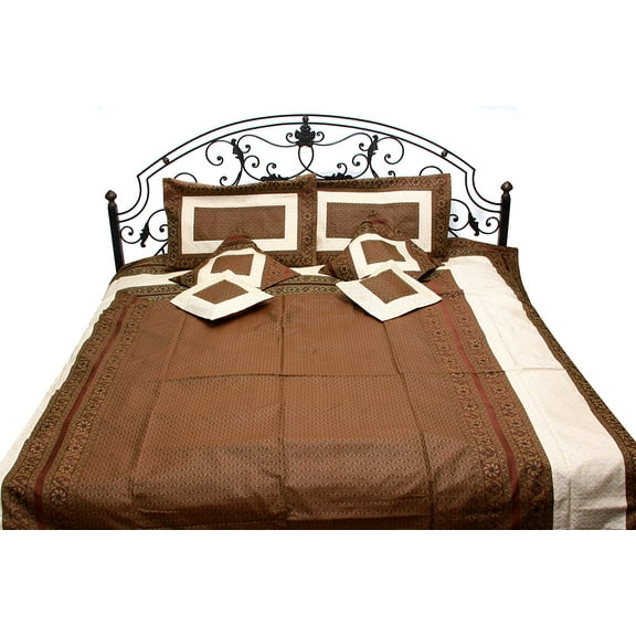 Chocolate-Brown and Ivory Banarasi Bedspread with Woven Paisleys - Art Silk with Pillow Cases and Cu