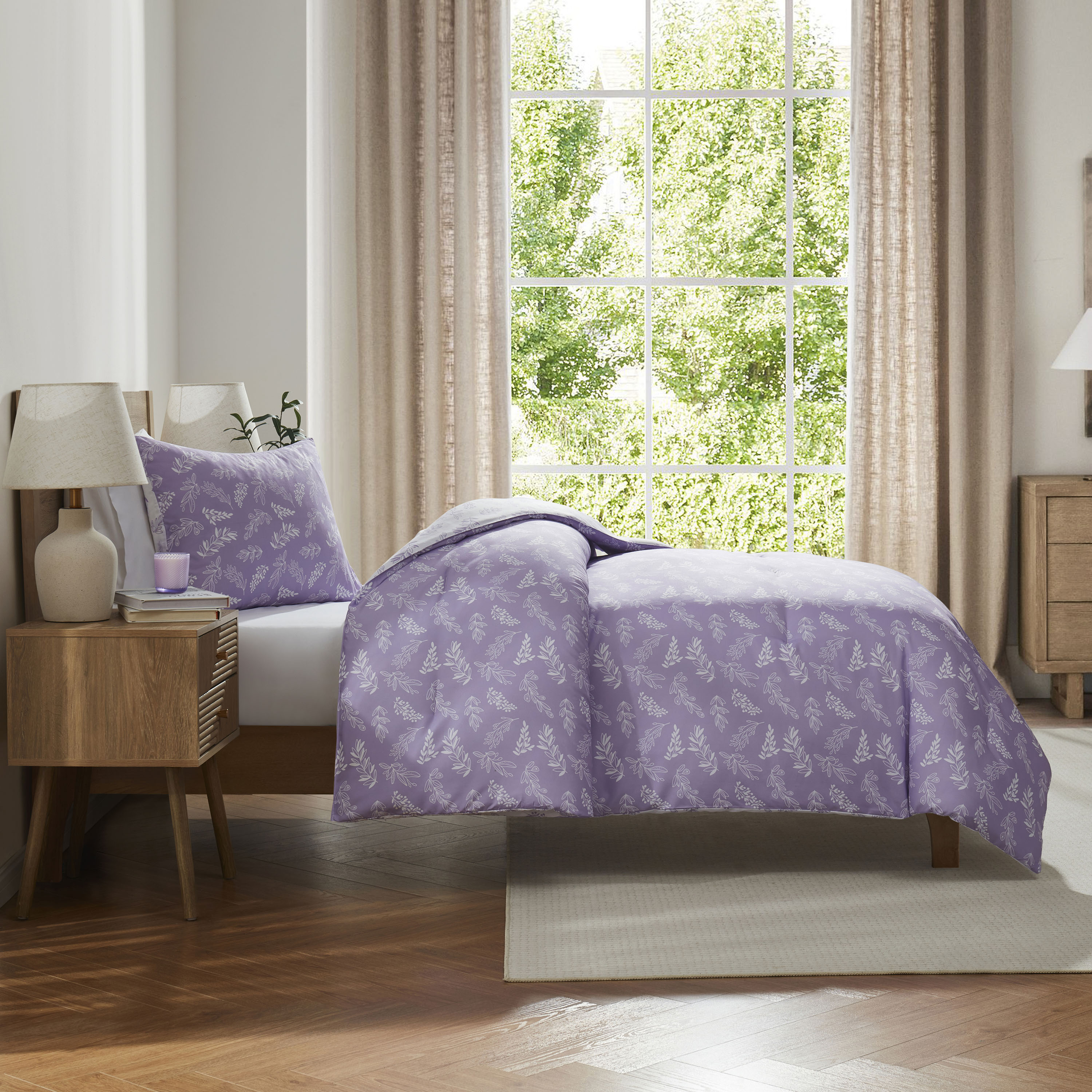 LammaLoe Twin Comforter Sets, 2 Piece Botanical Bed in a Bag, Reversible Bedding Comforter Set with Sheets, Modern Bed Set, Lavender/Off White