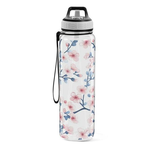 Motivational Water Bottle 32 oz with Straw, BPA Free Reusable Fitness Sport Bottle Perfect for Travel, School, Outdoors, and Gym Three Pink Petals