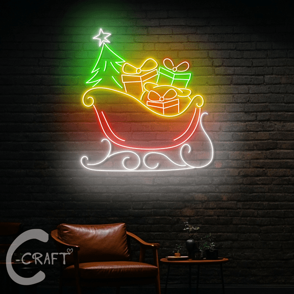 C-CRAFT Christmas Sleigh Neon Led Light Up 27 inch for Christmas Holidays Home Decor