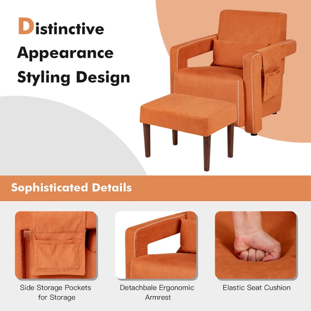 Finihen Accent Single Sofa Chair with Ottoman, Modern Berber Fleece Single Sofa Chair with Ottoman and Waist Pillow, for Living Room, Bedroom, Orange