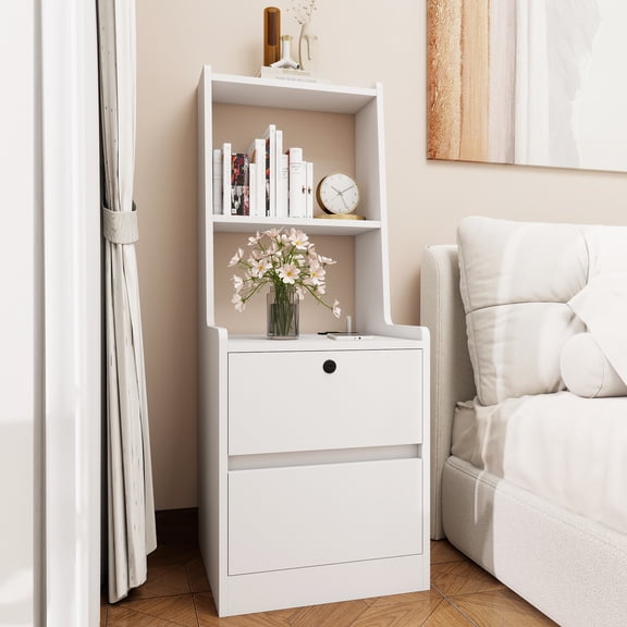 HIUU Tall Nightstand with Bookshelf,Smart Nightstand with USB Night Light,Locker Nightstands with Locking Drawer,White Night Table(White)