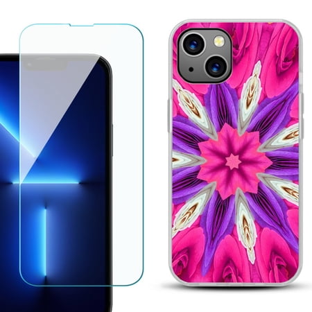Slim-Fit Gel TPU Phone Case for iPhone 14 with Tempered Glass Screen Protector by OneToughShield ® - Kaleidoscope Rose