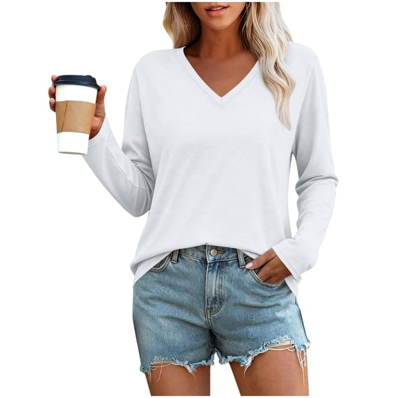 Vivianyo HD Women's Basic V Neck Solid Long Sleeve Tees, Fall Winter Soft Everyday Casual Pullover Top for Women, Women's White, Sizes S-2XL