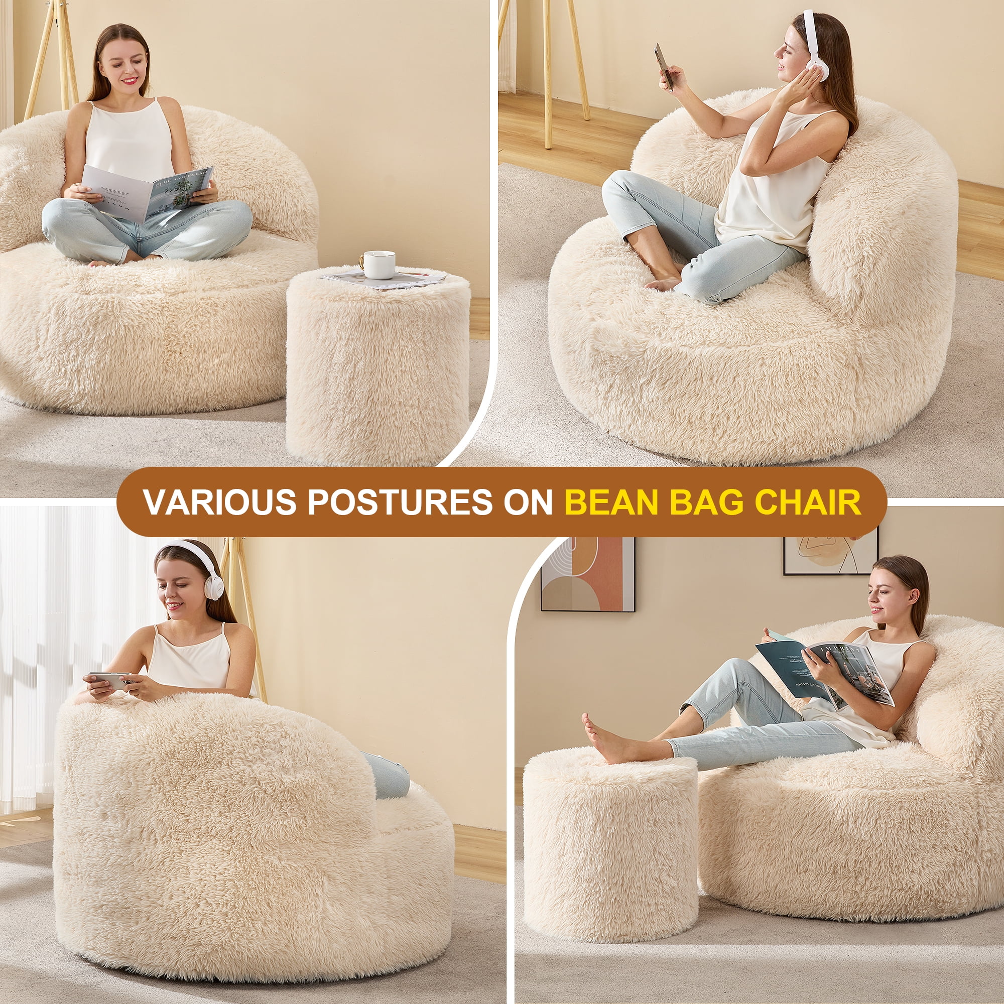 Hobestluk Giant Bean Bag Chairs for Adults Big Bean Bag Chair with Foam Filler Large Beanbags with Stuffed Back Lazy Sofa, White-Oversize
